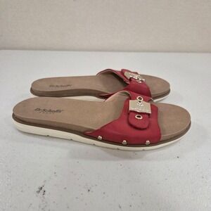 Dr Scholls Nice Iconic Red Slide Sandals Womens 7.5 M Gold Buckle Studded Flat